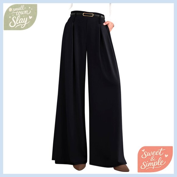 Wide Leg Trousers Elastic High Waisted Pleated Palazzo Pants Business Casual